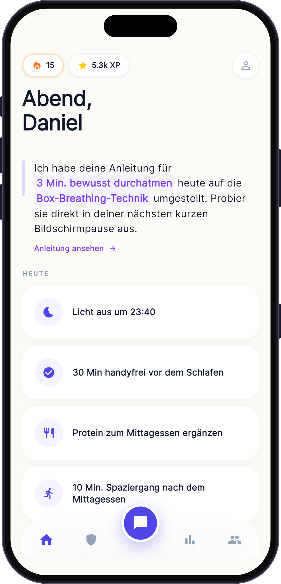 Der Startbildschirm von Ingrid mit den Aufgaben für heute, danach eine geöffnete Aufgabe mit ihrer Anleitung für heute.