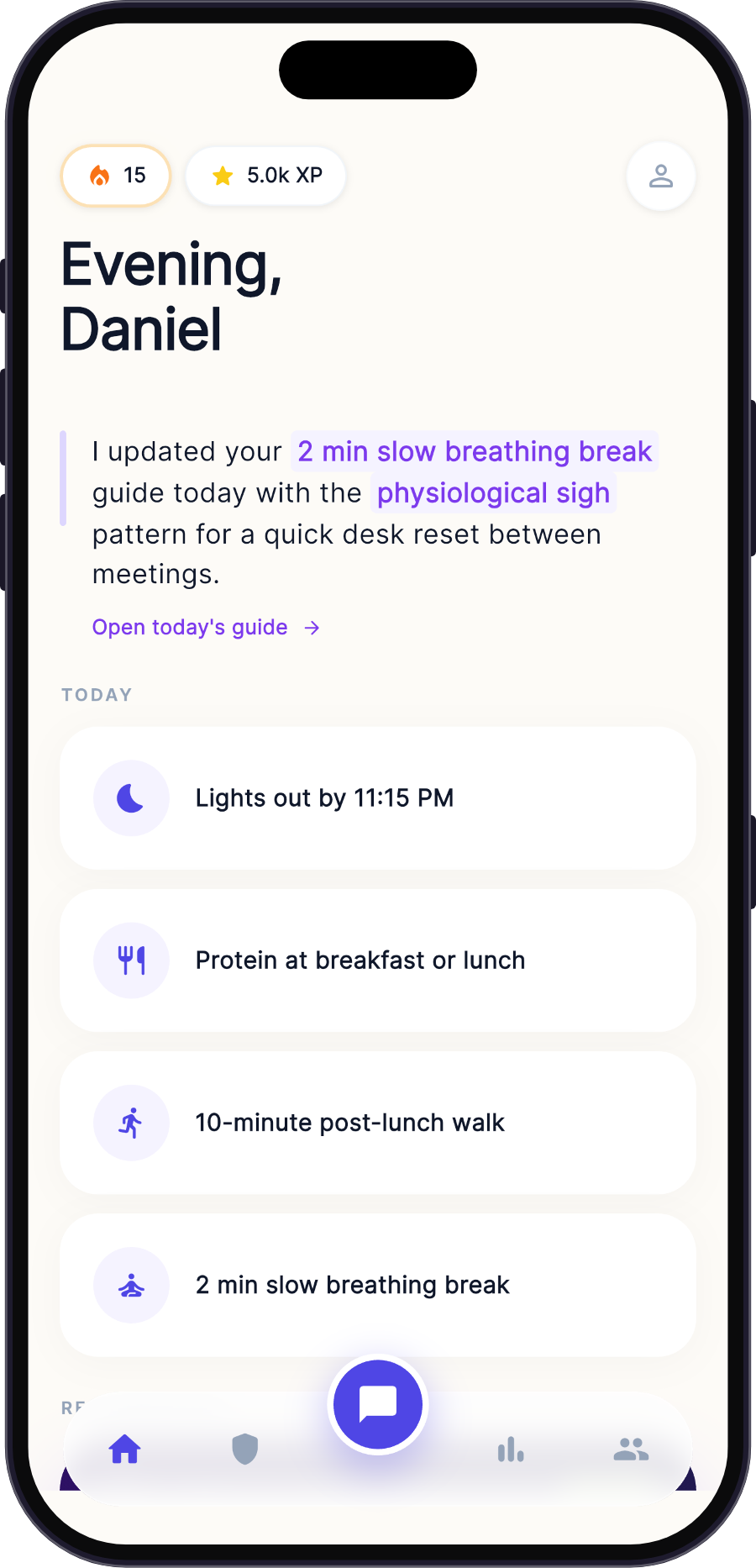 Ingrid home screen with today's tasks, then one task opened with its guide for today.
