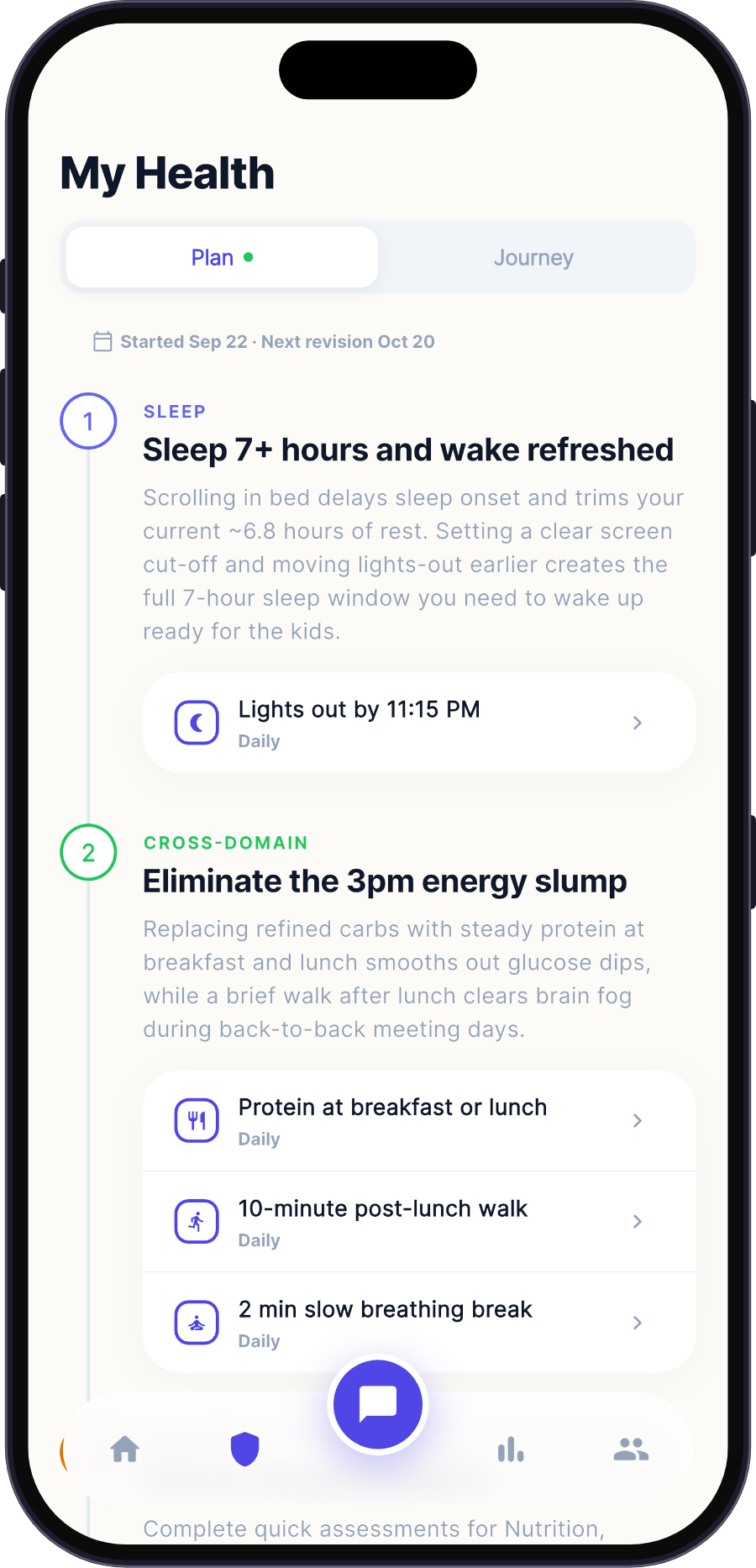 Ingrid app showing a personal plan of small daily habits.