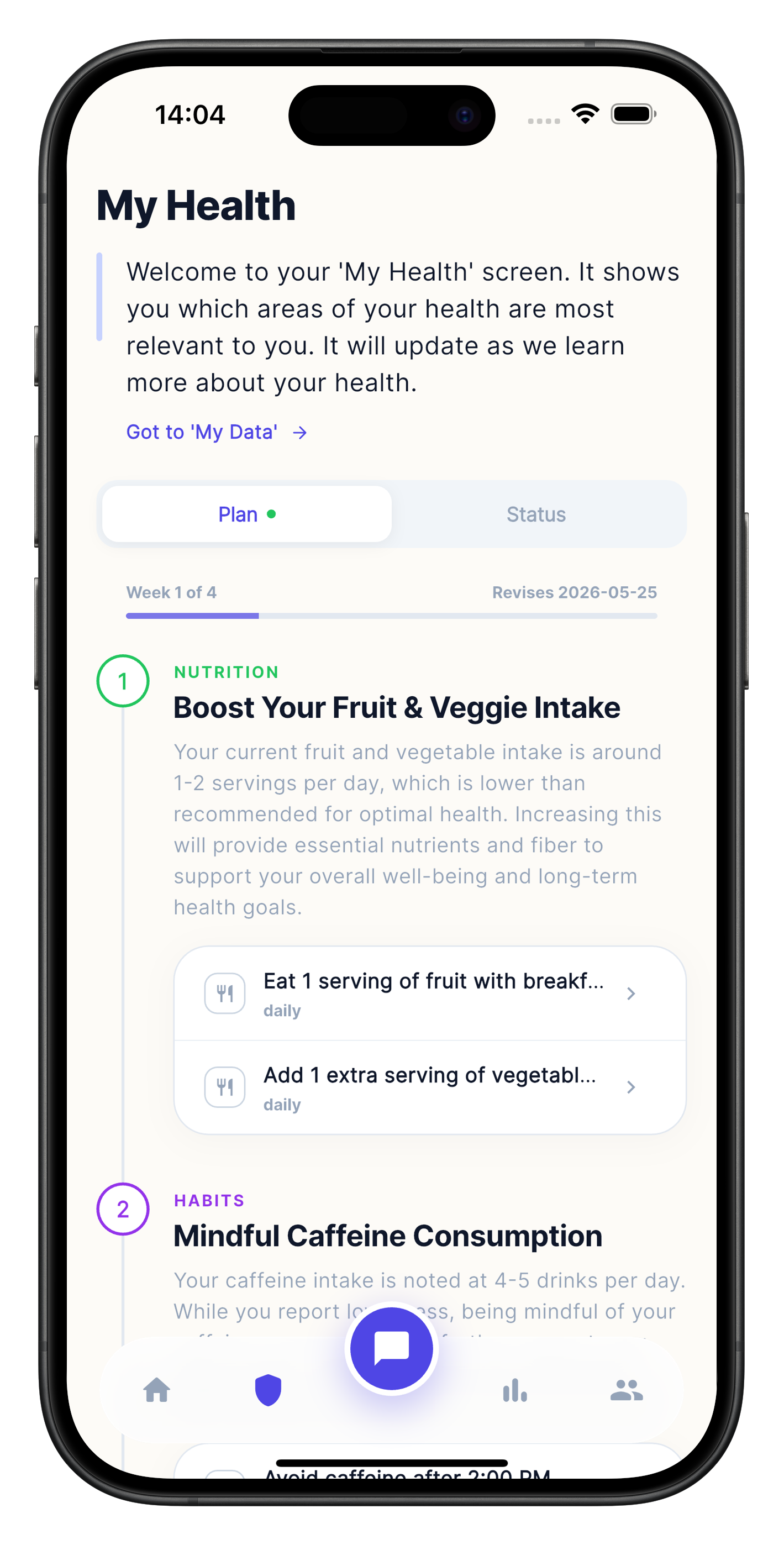 Ingrid app showing a personalized weekly plan with prioritized nutrition and habit recommendations.